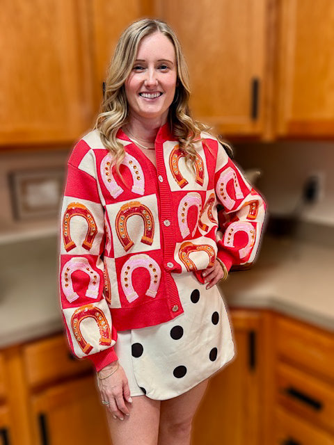 Queen of Sparkles Hot Pink Checkered Horse Shoe Sweater