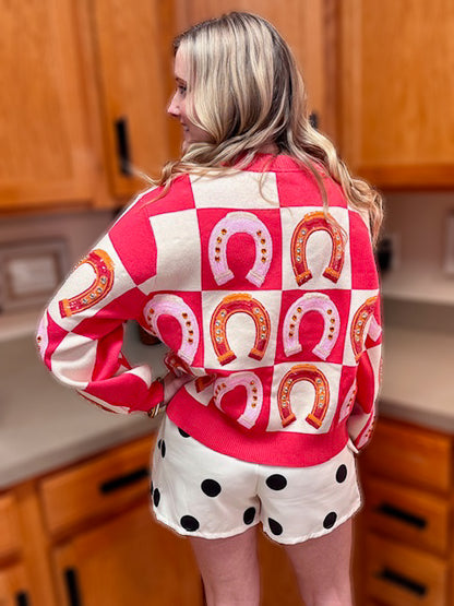 Queen of Sparkles Hot Pink Checkered Horse Shoe Sweater