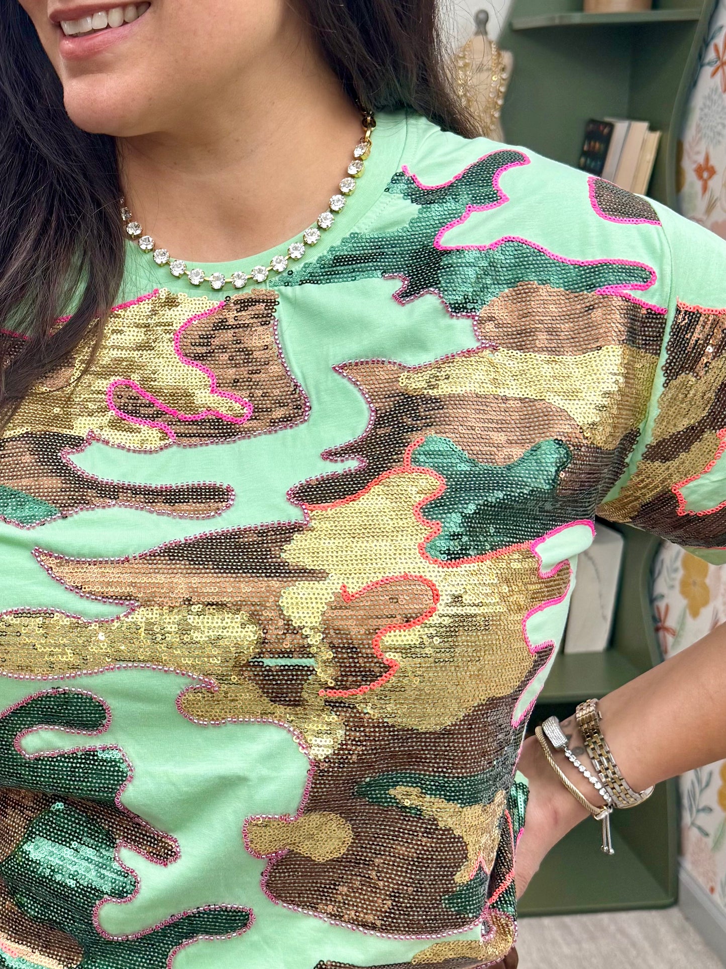 Queen of Sparkles Sequin Mint & Brown Camo Tee