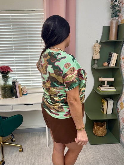 Queen of Sparkles Sequin Mint & Brown Camo Tee