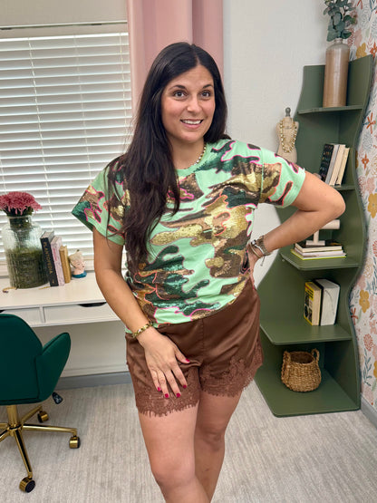 Queen of Sparkles Sequin Mint & Brown Camo Tee