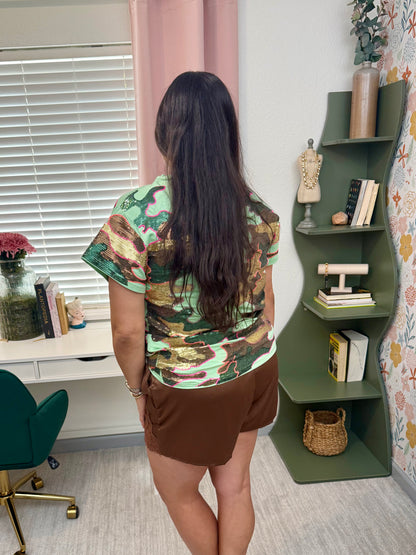Queen of Sparkles Sequin Mint & Brown Camo Tee