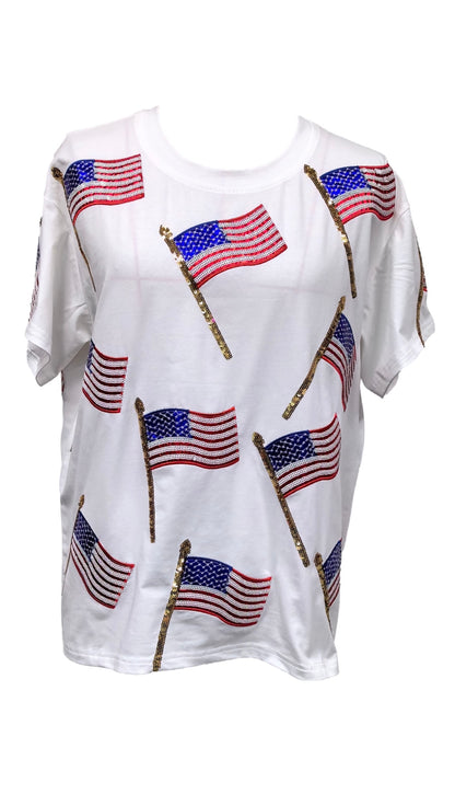 Queen of Sparkles White American Flag Tee