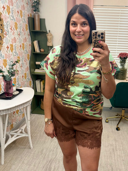 Queen of Sparkles Sequin Mint & Brown Camo Tee