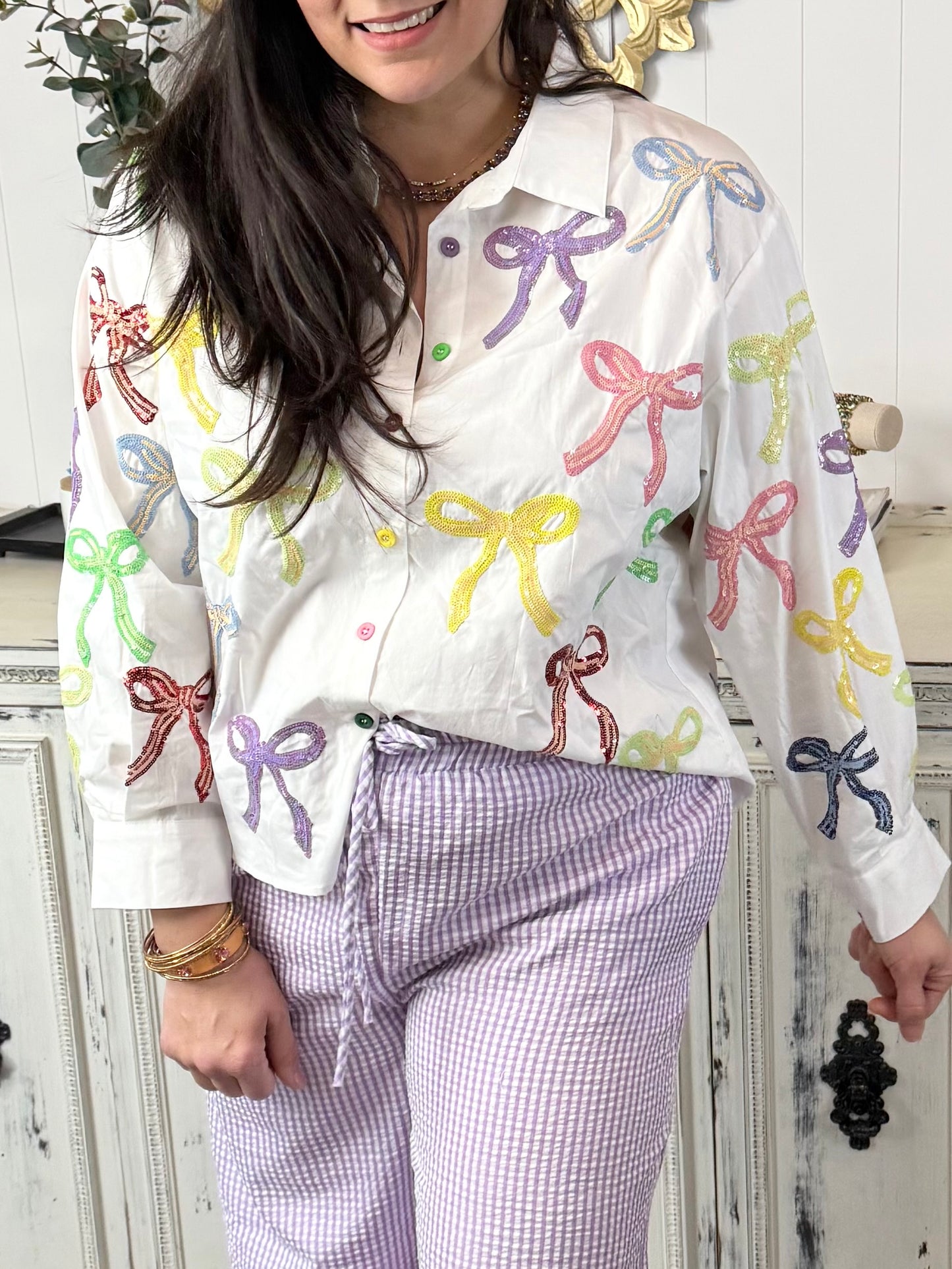 Queen of Sparkles White Multi Bow Top