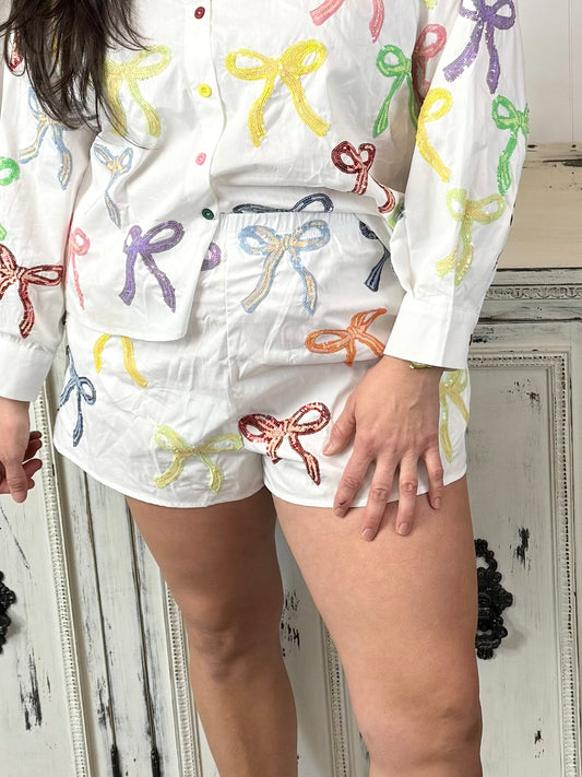 Queen of Sparkles White Multi Bow Short