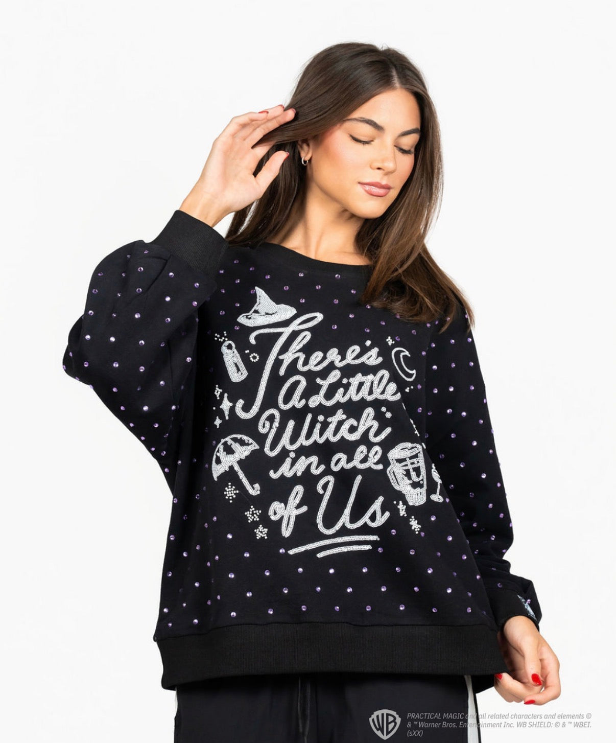 Queen of Sparkles Licensed Black Scattered Rhinestones 'There's A Little Witch In All Of Us" Sweatshirt