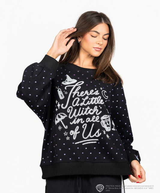 Queen of Sparkles Licensed Black Scattered Rhinestones 'There's A Little Witch In All Of Us" Sweatshirt