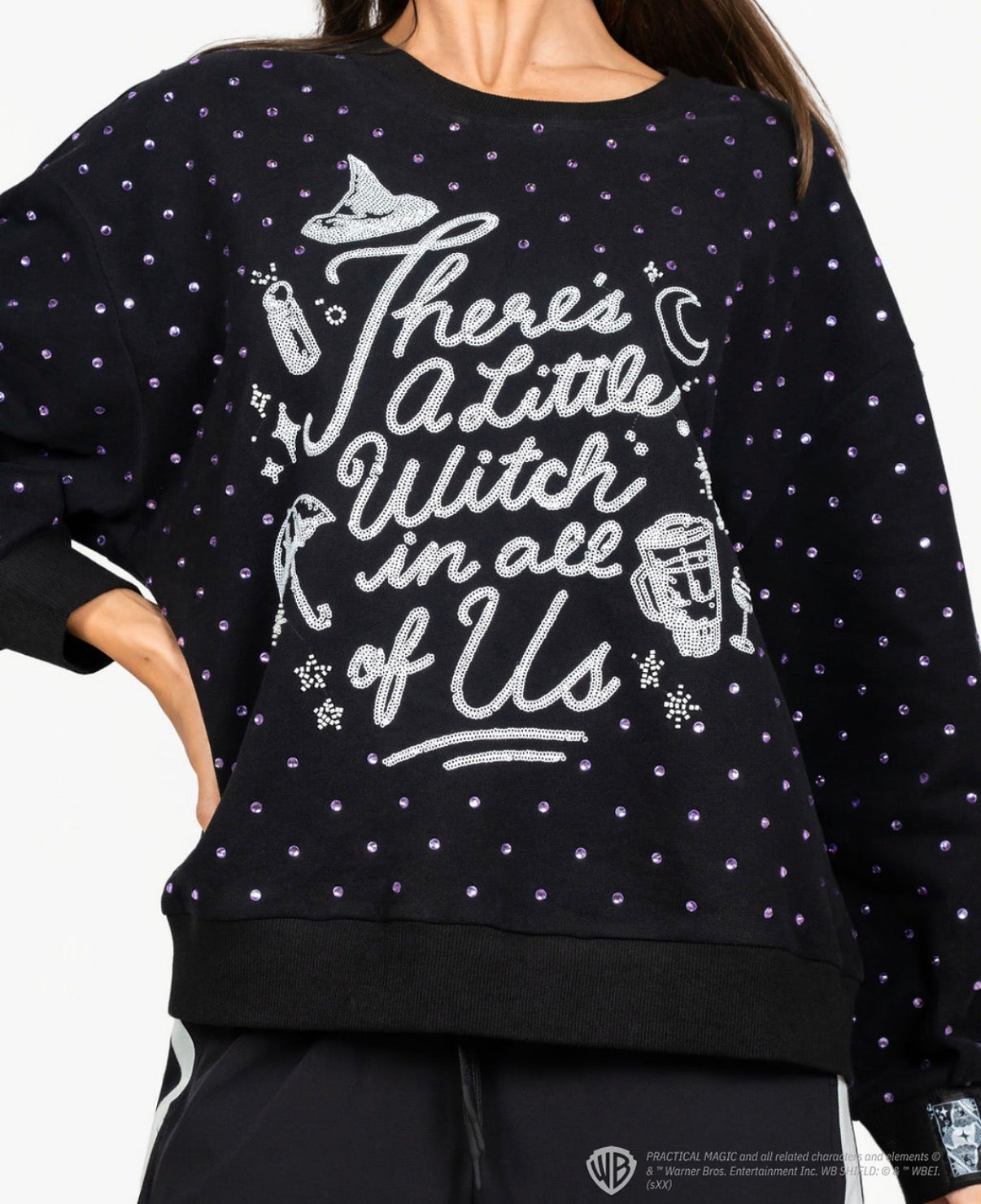 Queen of Sparkles Licensed Black Scattered Rhinestones 'There's A Little Witch In All Of Us" Sweatshirt