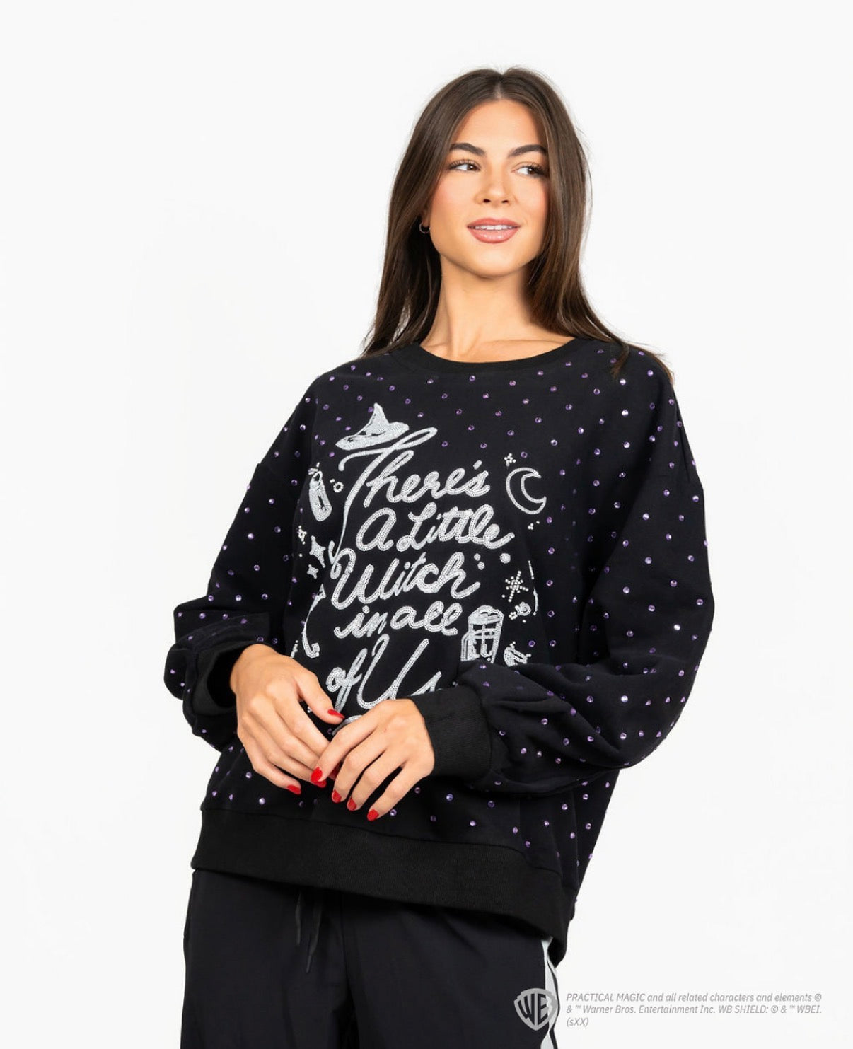 Queen of Sparkles Licensed Black Scattered Rhinestones 'There's A Little Witch In All Of Us" Sweatshirt