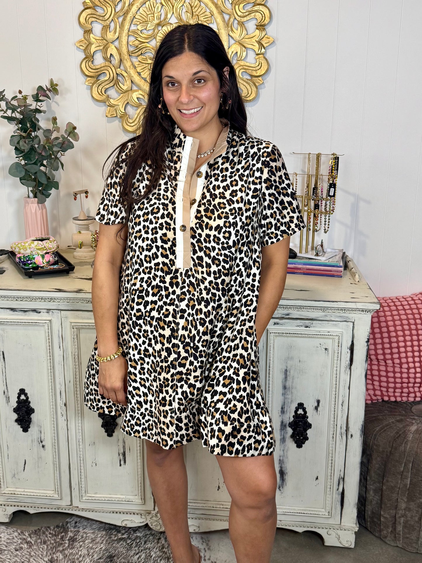 Leopard Print Short Sleeve Pullover Dress