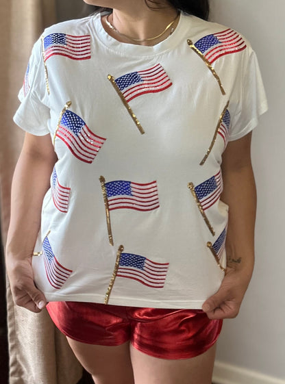 Queen of Sparkles White American Flag Tee