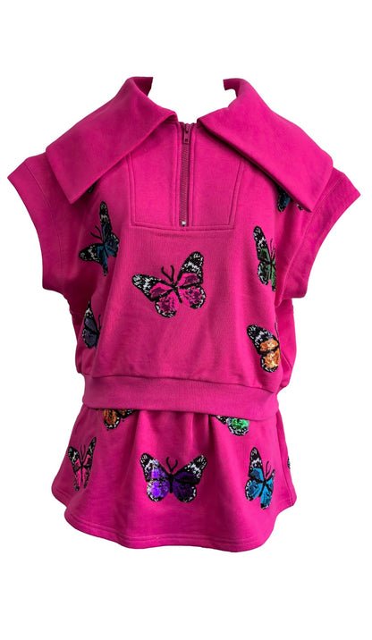 Queen of Sparkles Hot Pink Multi Butterfly Collar Top