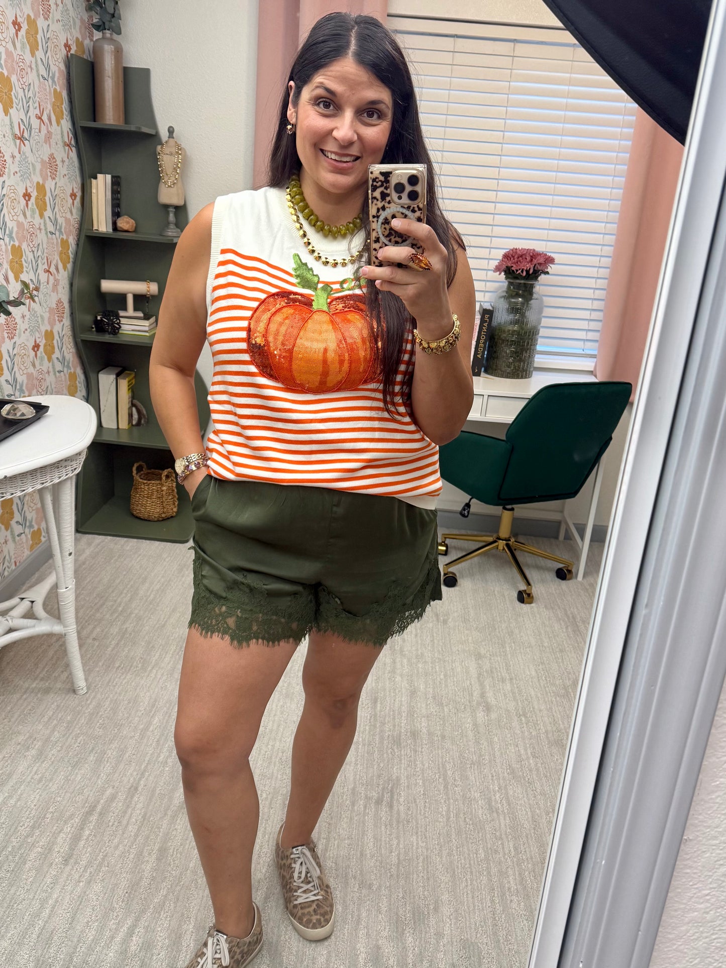 Queen of Sparkles Ivory & Orange Striped Pumpkin Knit Tank