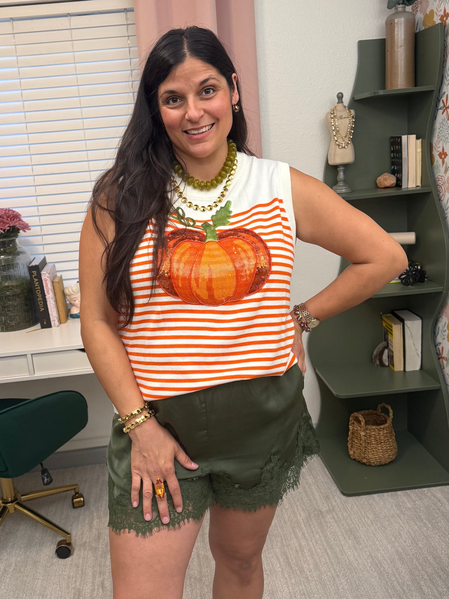 Queen of Sparkles Ivory & Orange Striped Pumpkin Knit Tank