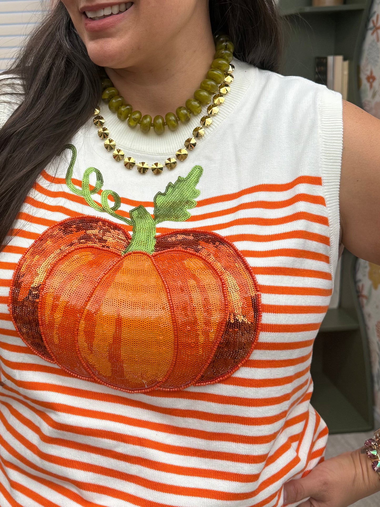 Queen of Sparkles Ivory & Orange Striped Pumpkin Knit Tank
