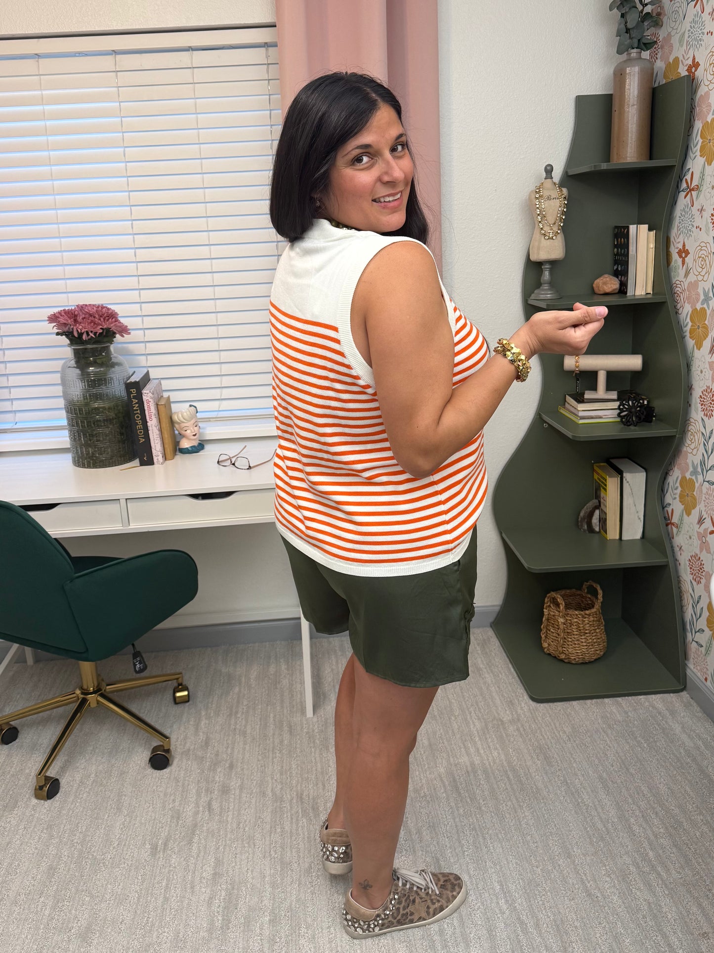 Queen of Sparkles Ivory & Orange Striped Pumpkin Knit Tank