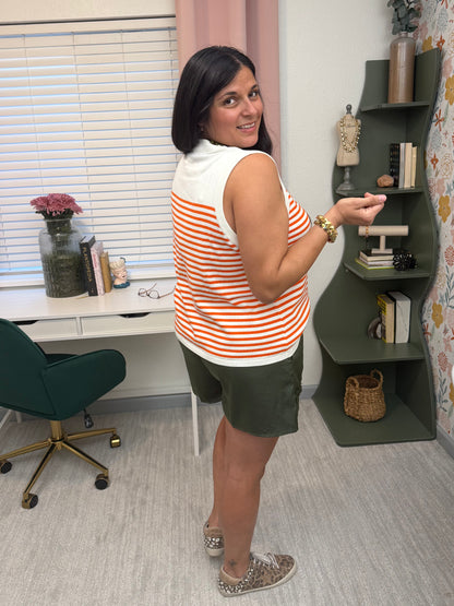 Queen of Sparkles Ivory & Orange Striped Pumpkin Knit Tank