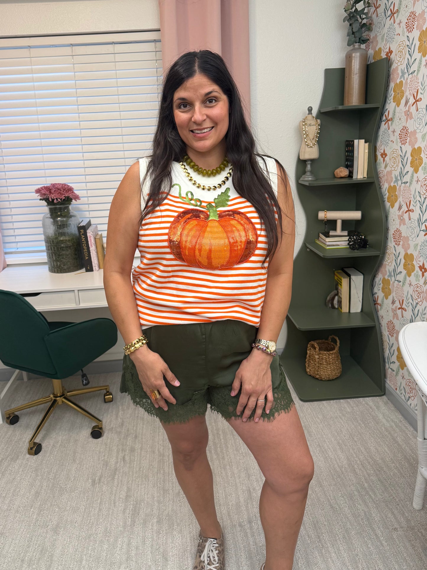 Queen of Sparkles Ivory & Orange Striped Pumpkin Knit Tank