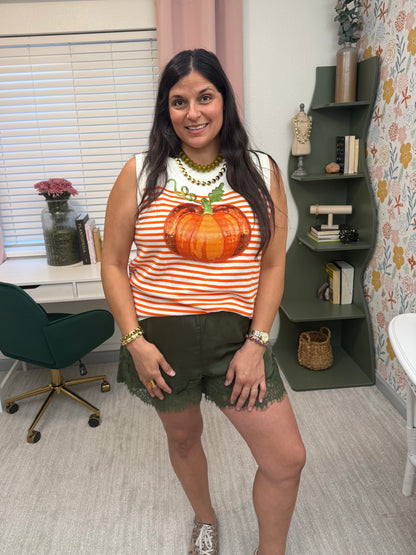 Queen of Sparkles Ivory & Orange Striped Pumpkin Knit Tank