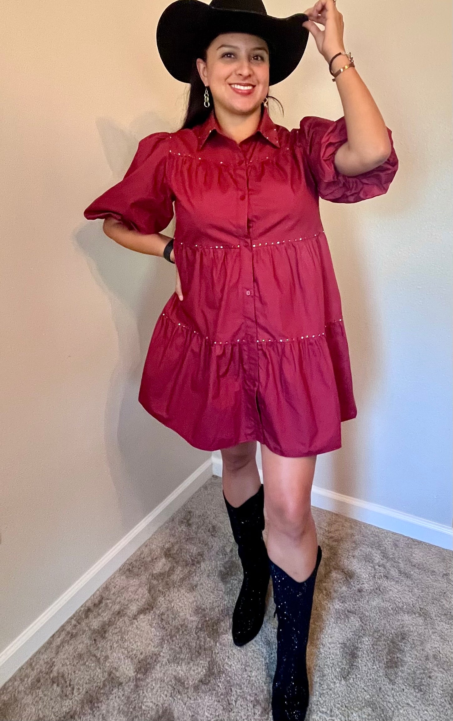 Marsala Puff Sleeve Tiered Shirt Dress