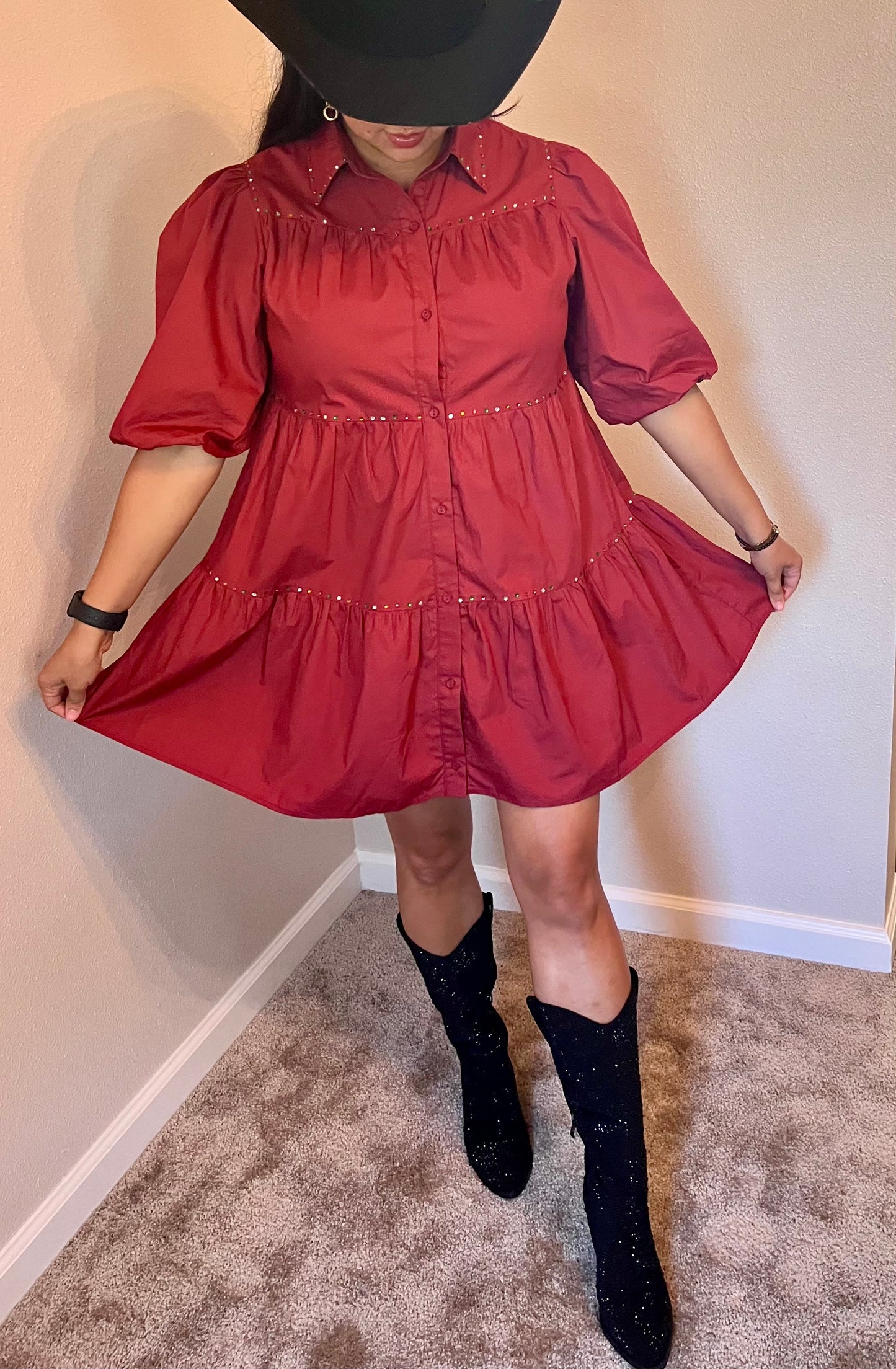 Marsala Puff Sleeve Tiered Shirt Dress