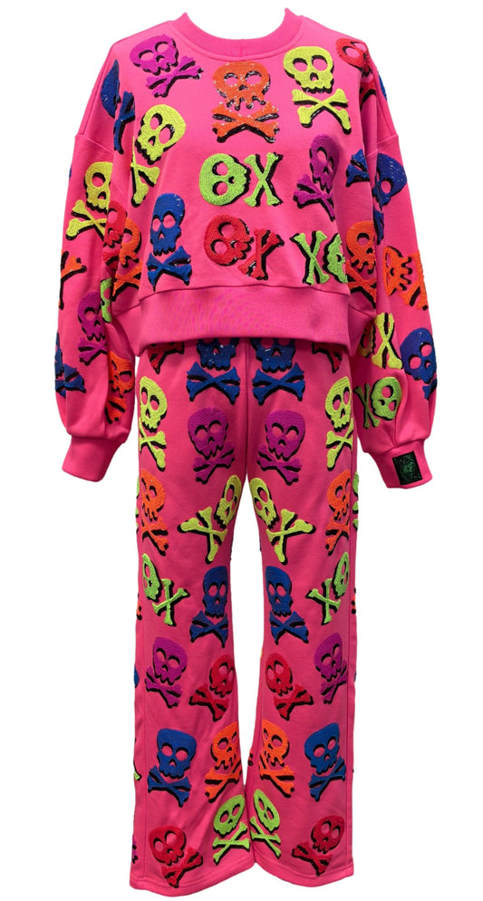 Queen of Sparkles Neon Pink Skull and Crossbone Sweatshirt
