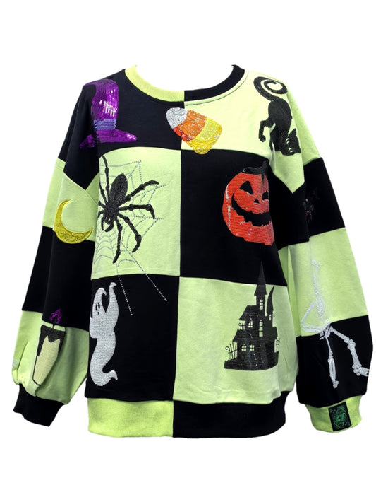 Queen of Sparkles Green and Black Checkered Halloween Sweatshirt