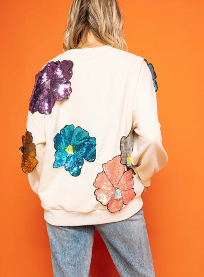 Queen of Sparkles Beige Oversized Flower Sweatshirt