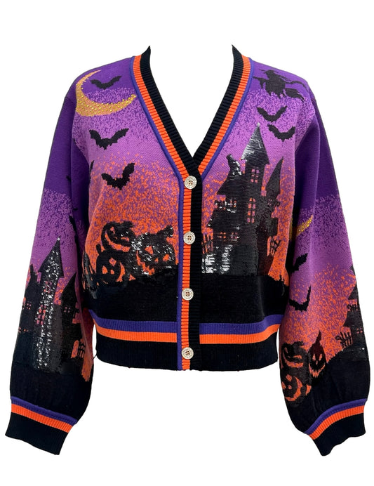Queen of Sparkles Purple Halloween Scene Cardigan