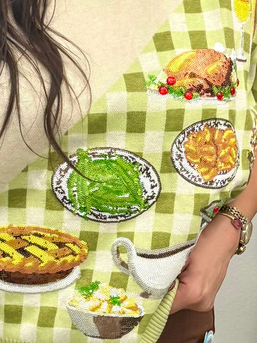 Queen of Sparkles Ivory & Green Gingham Colorblock Thanksgiving Meal Knit Top