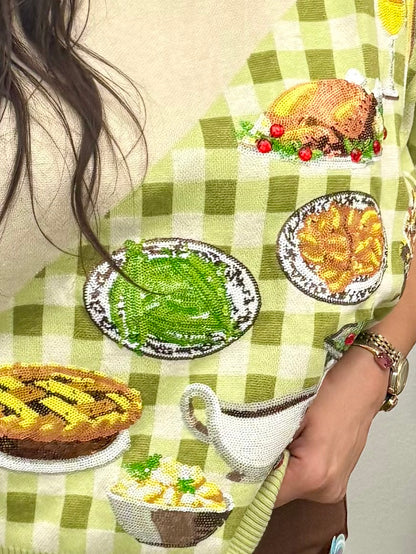 Queen of Sparkles Ivory & Green Gingham Colorblock Thanksgiving Meal Knit Top