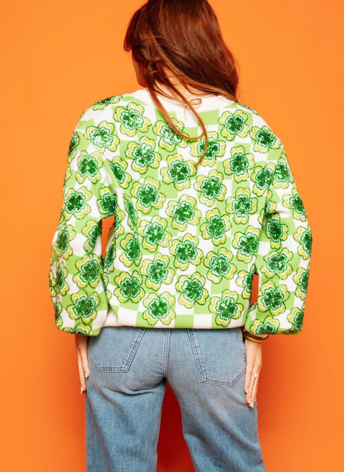 Queen of Sparkles Green & White Checkered Shamrock Cardigan