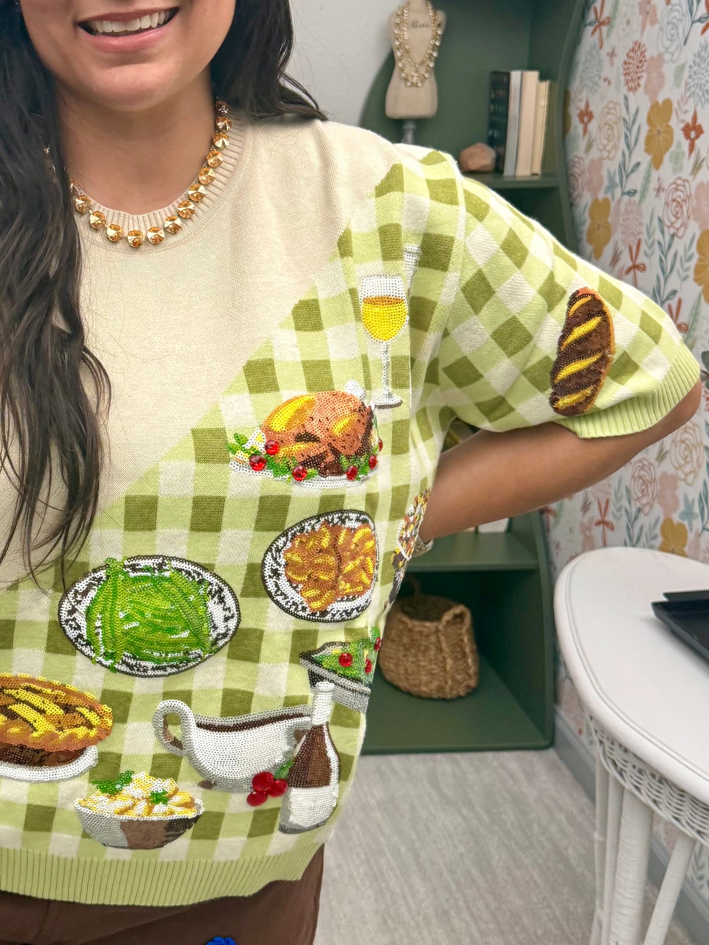 Queen of Sparkles Ivory & Green Gingham Colorblock Thanksgiving Meal Knit Top