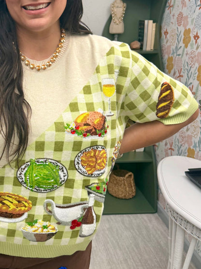 Queen of Sparkles Ivory & Green Gingham Colorblock Thanksgiving Meal Knit Top