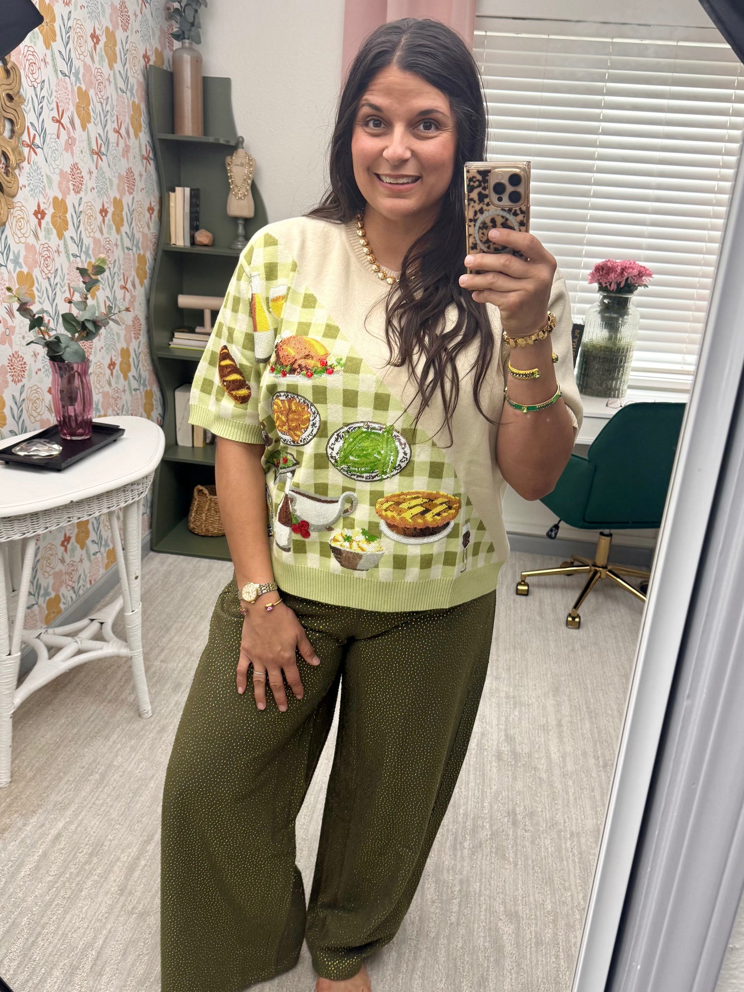 Queen of Sparkles Ivory & Green Gingham Colorblock Thanksgiving Meal Knit Top