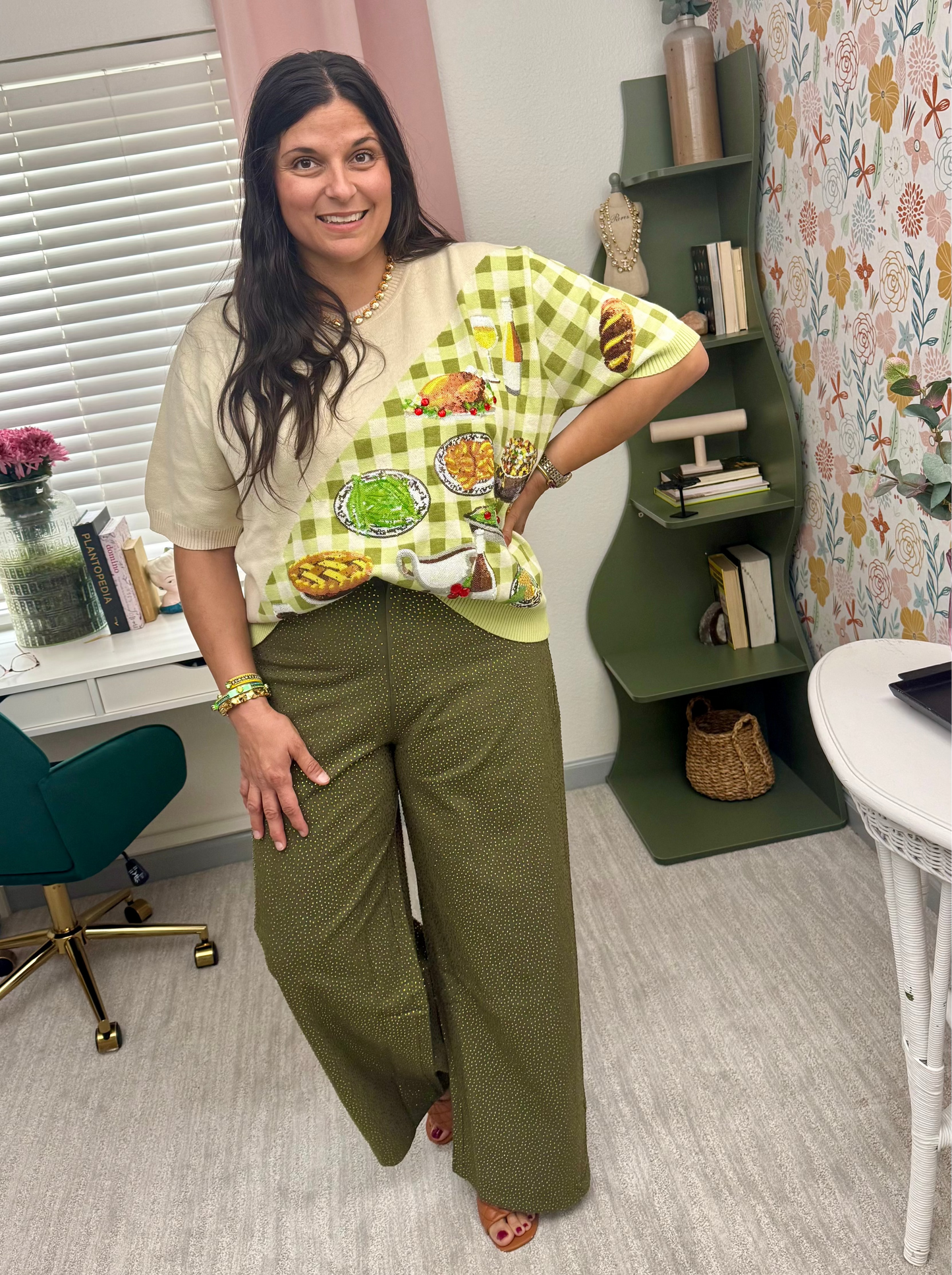 Queen of Sparkles Ivory & Green Gingham Colorblock Thanksgiving Meal Knit Top