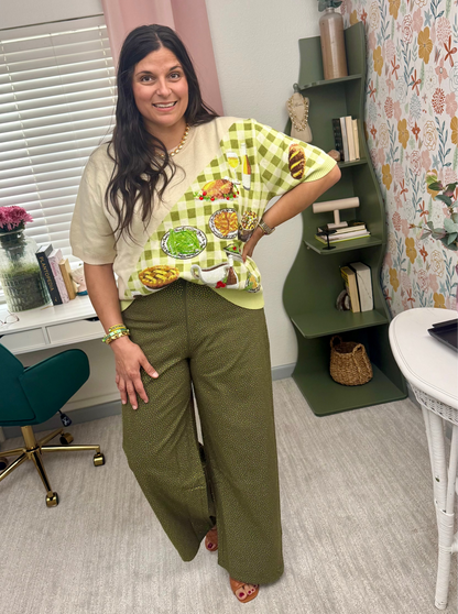 Queen of Sparkles Ivory & Green Gingham Colorblock Thanksgiving Meal Knit Top