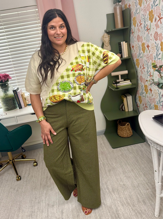 Queen of Sparkles Ivory & Green Gingham Colorblock Thanksgiving Meal Knit Top