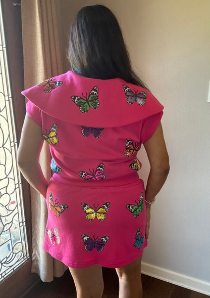 Queen of Sparkles Hot Pink Multi Butterfly Collar Top