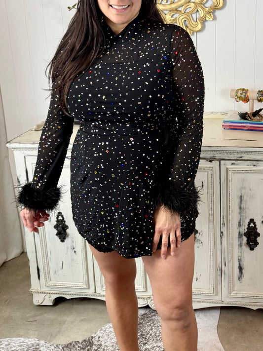 Queen of Sparkles Black Feather & Rhinestone Sequin Short Romper
