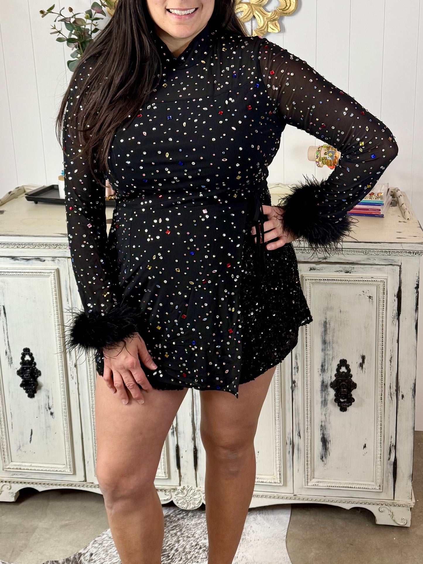 Queen of Sparkles Black Feather & Rhinestone Sequin Short Romper
