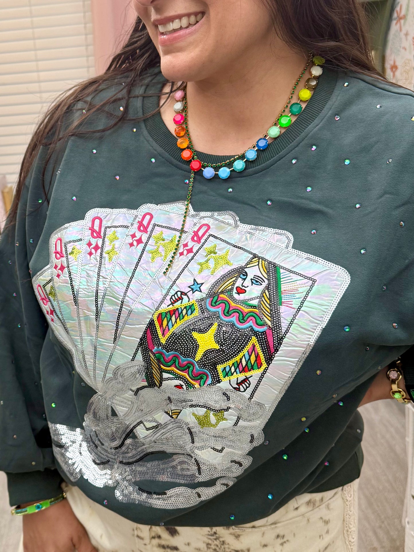 Queen of Sparkles Charcoal Skeleton Holding Queen Cards Rhinestone Sweatshirt