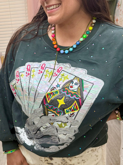 Queen of Sparkles Charcoal Skeleton Holding Queen Cards Rhinestone Sweatshirt