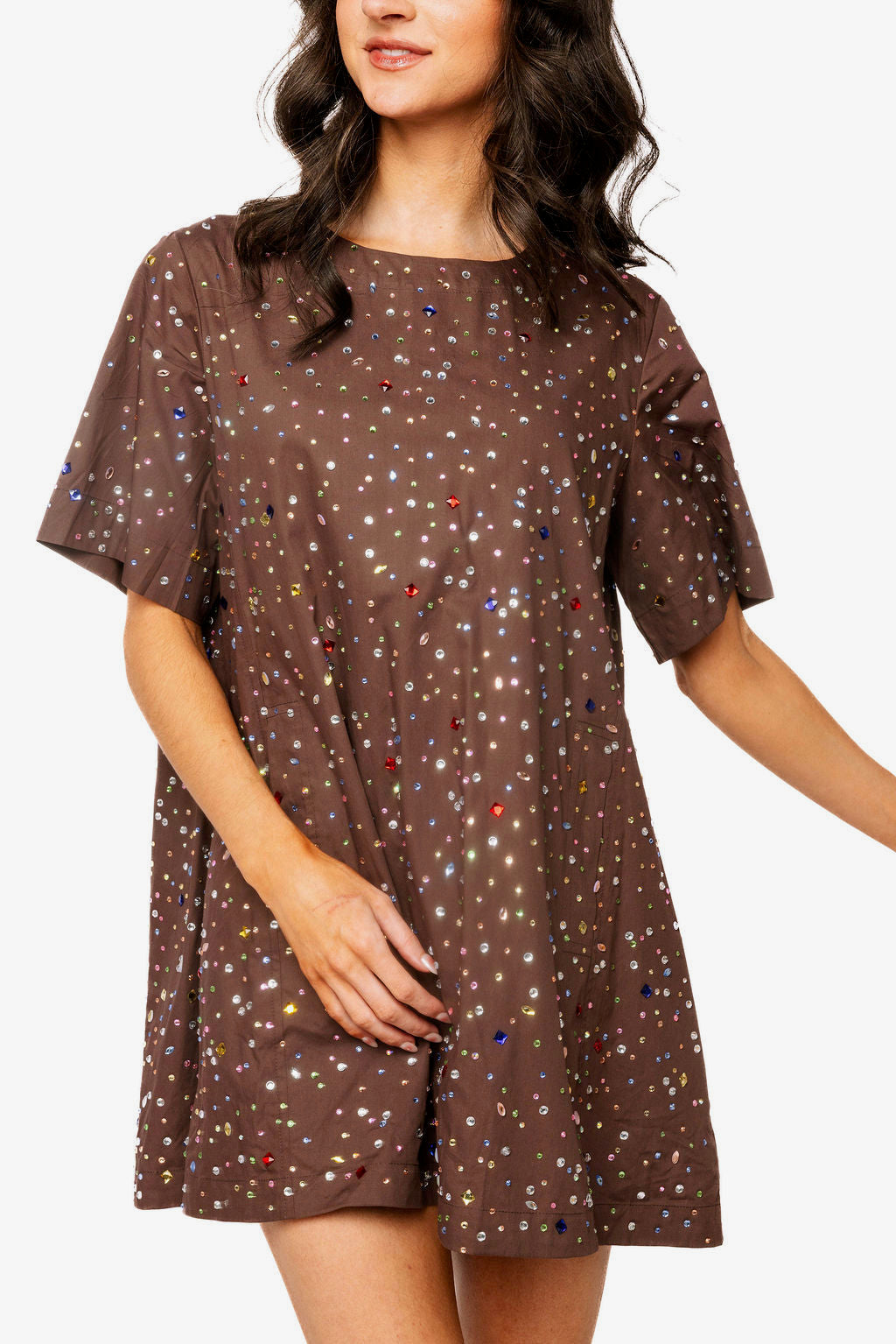 Queen of Sparkles Brown Multi Rhinestone Cotton Short Sleeve Dress