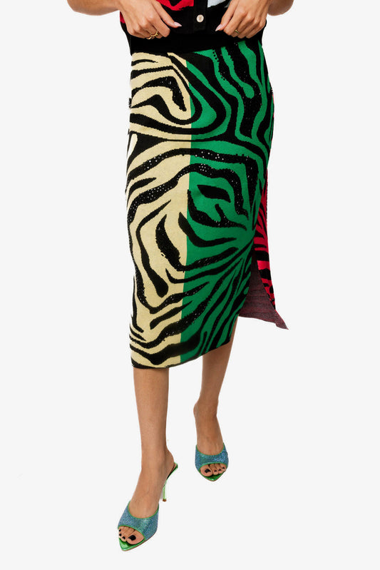 Queen of Sparkles Colorblock Tiger Knit Midi Skirt