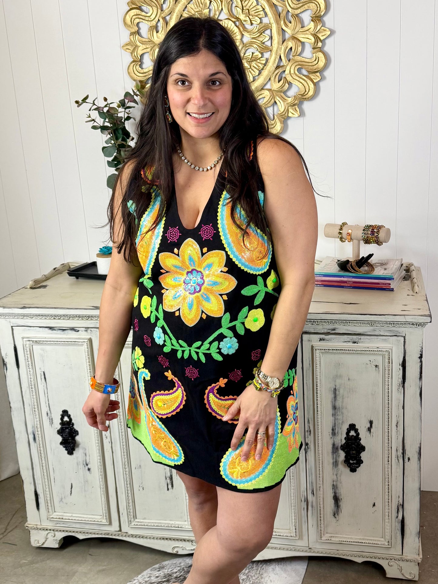 Queen of Sparkles Black & Neon Paisley Tank Dress