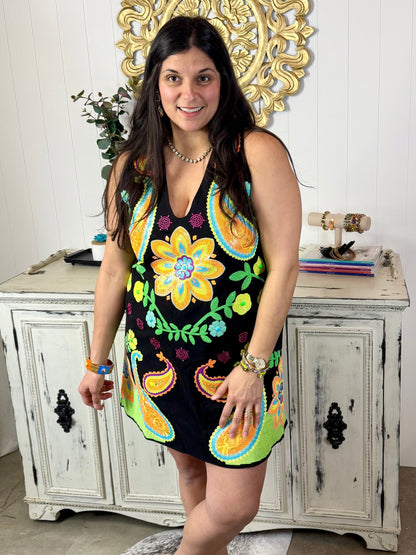 Queen of Sparkles Black & Neon Paisley Tank Dress