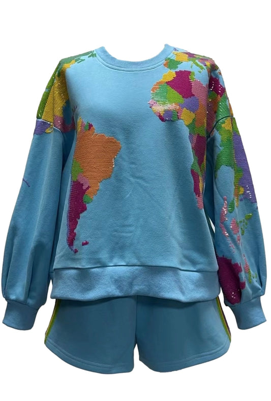 Queen of Sparkles Aqua Sequin Maps Sweatshirt