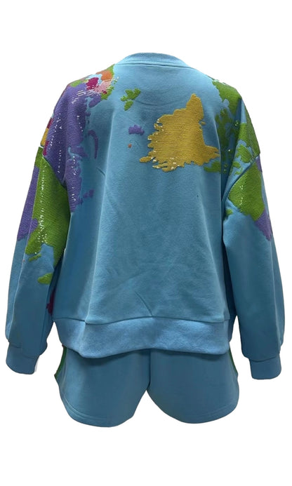 Queen of Sparkles Aqua Sequin Maps Sweatshirt